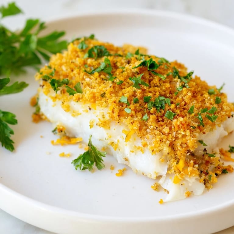 Golden-brown Ritz cracker crust atop perfectly baked cod, ready for a delicious dinner.