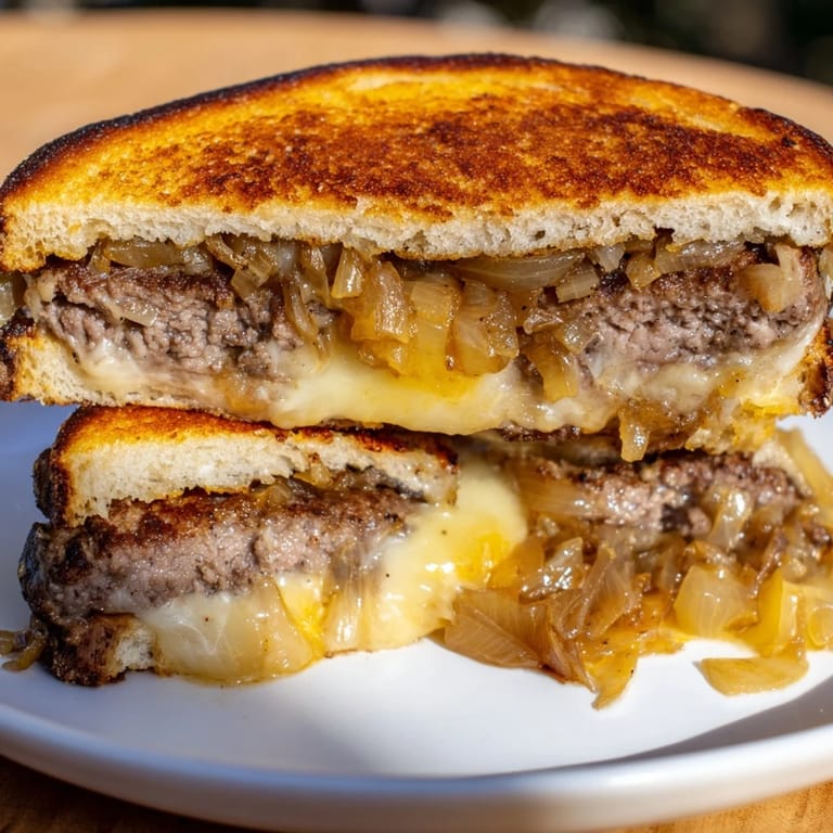 An appetizing Patty Melt Skillet, cut in half, revealing juicy beef and melted cheese.