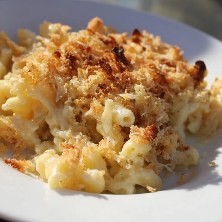 A close-up of creamy, cheesy Old-Fashioned Baked Mac & Cheese, bubbling and ready to serve at dinner.