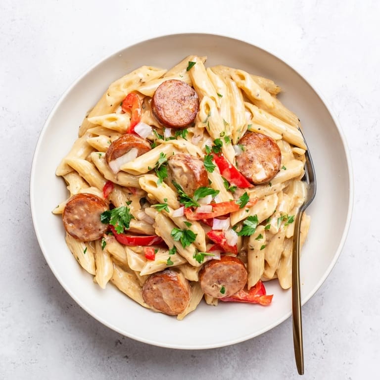 Delicious Smoked Sausage Cajun Alfredo with penne, inviting with a rich, bubbling sauce and fresh parsley garnish.