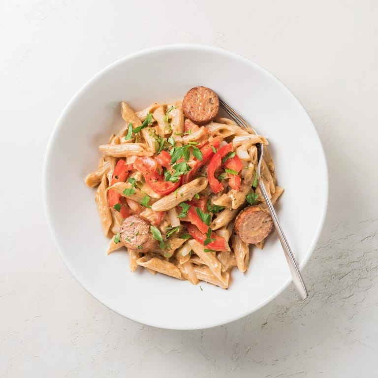 Close-up of a flavorful Smoked Sausage Cajun Alfredo with penne, showing the perfectly coated pasta and savory sausage.