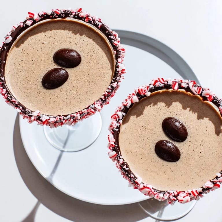 Frothy Peppermint Espresso Martinis, boasting a chocolate and crushed candy cane rim, ready to serve.