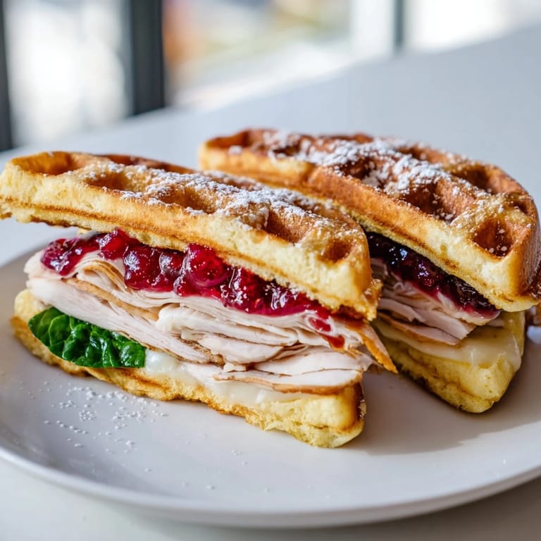 Savory and sweet Easy Holiday Waffle Sandwiches, sliced open showcasing the layers of turkey, cheese, and vibrant cranberry.