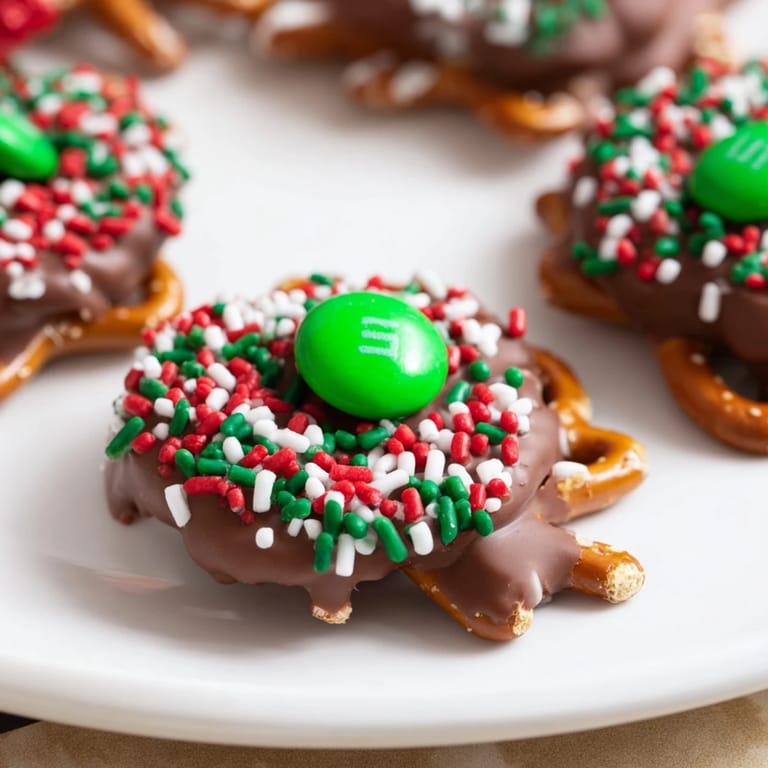 Warm, melty chocolate graces crispy pretzels after air frying for these easy Air Fryer Christmas Pretzel Bites' dessert.