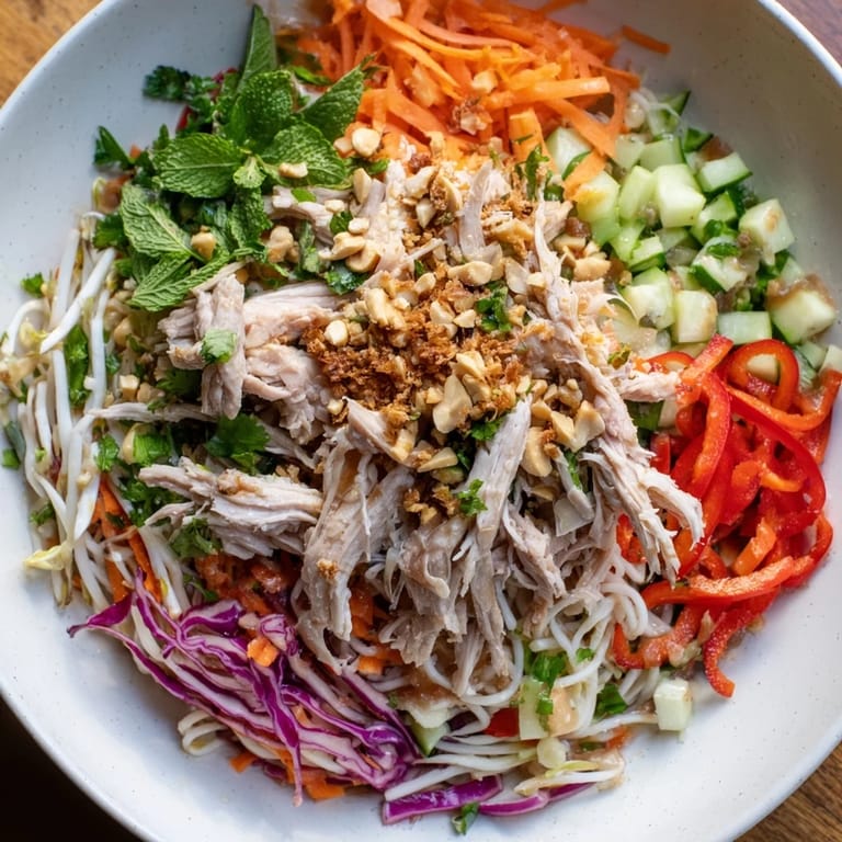 Close-up of a delightful Vietnamese Crunch Noodle Salad with shredded chicken, ready for a flavorful bite.