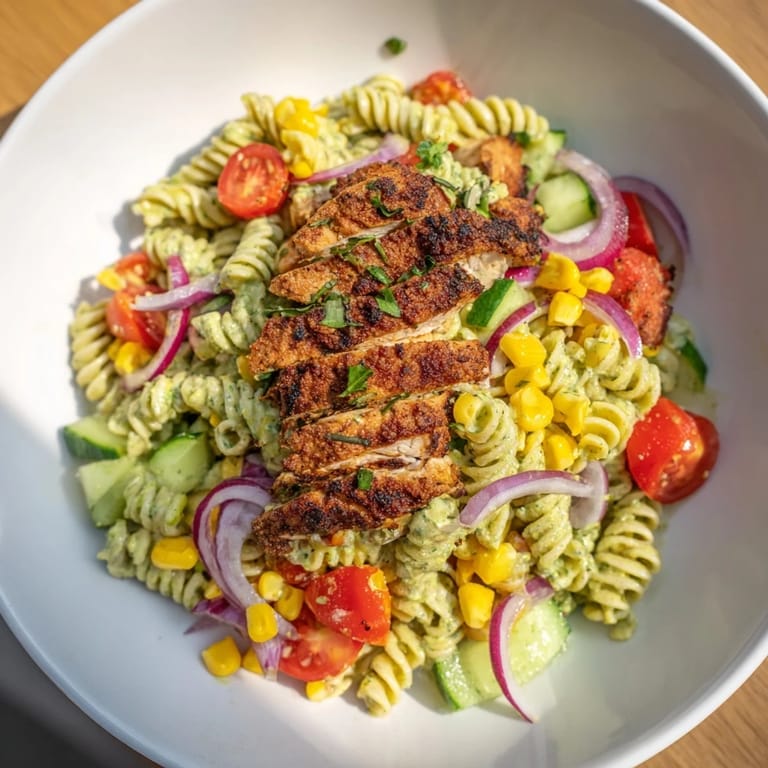 A beautiful bowl of Peruvian Aji Verde Chicken Pasta Salad, perfect for a flavorful, hearty meal.