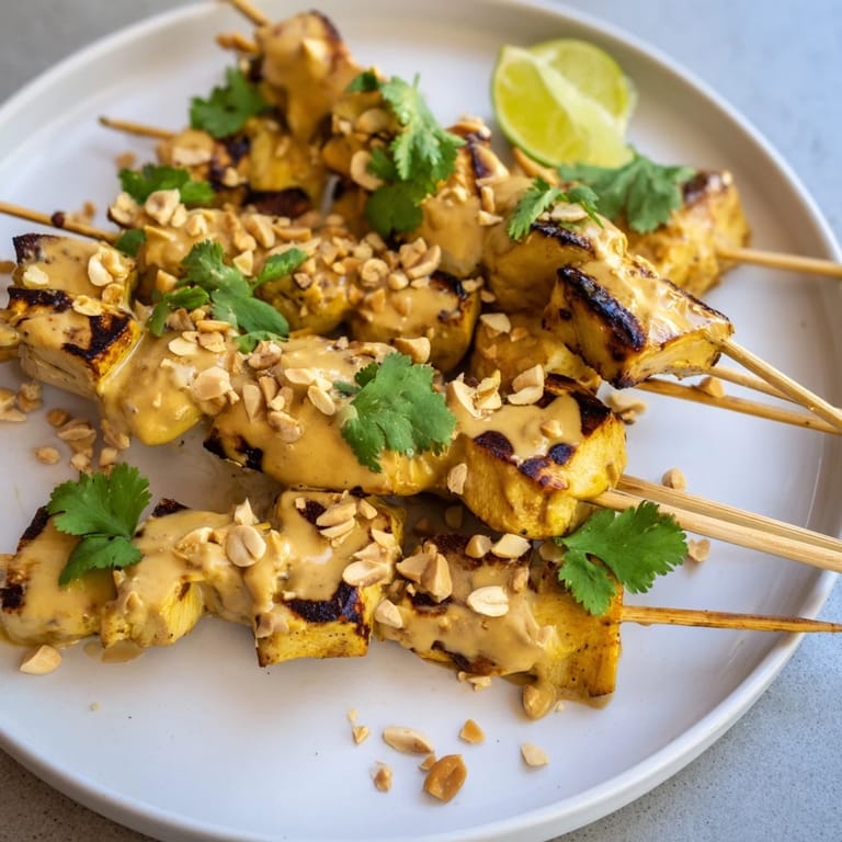 Close-up of vibrant Spicy Peanut Satay Chicken Skewers drizzled with extra marinade, a delicious appetizer.