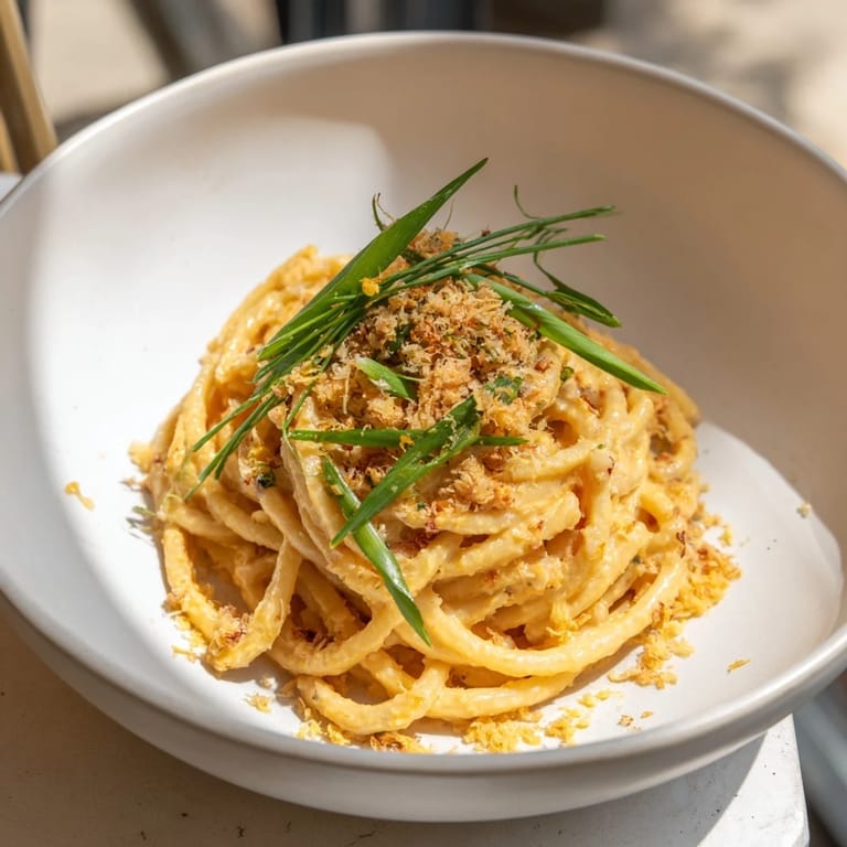 Close-up of luscious Japanese-inspired creamy miso ditalini, garnished with fresh scallions and sesame seeds.