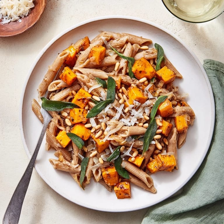 A close-up of vibrant butternut squash pasta, coated in a rich, buttery sage sauce.