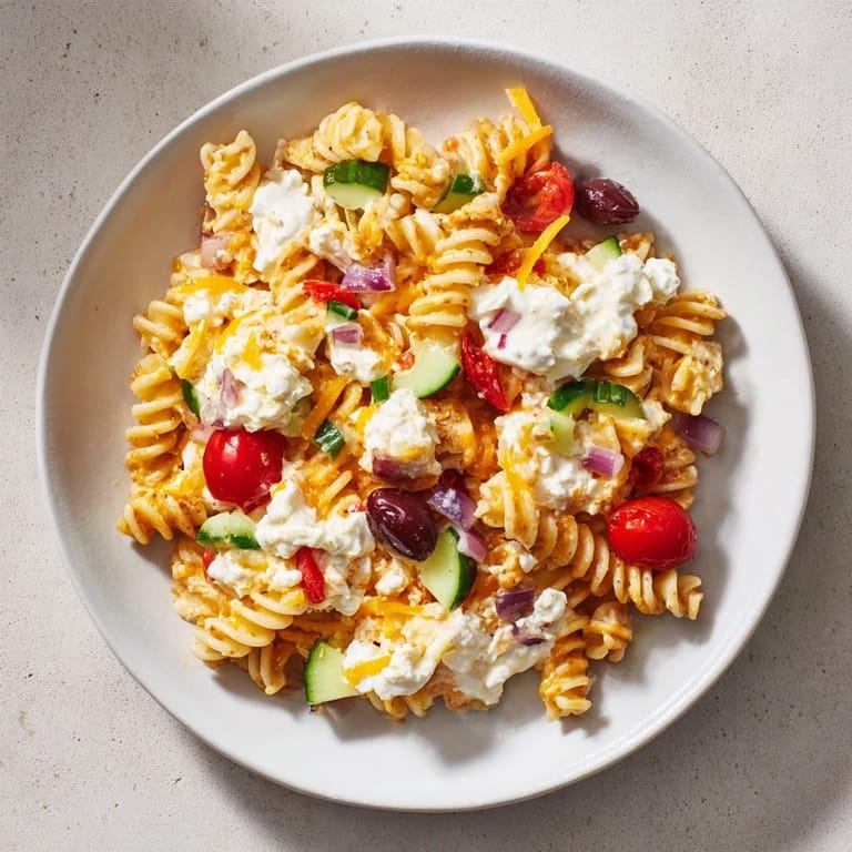 A generous bowl of Greek Yogurt Million Dollar Christmas Pasta Salad, showcasing fresh ingredients and flavors.