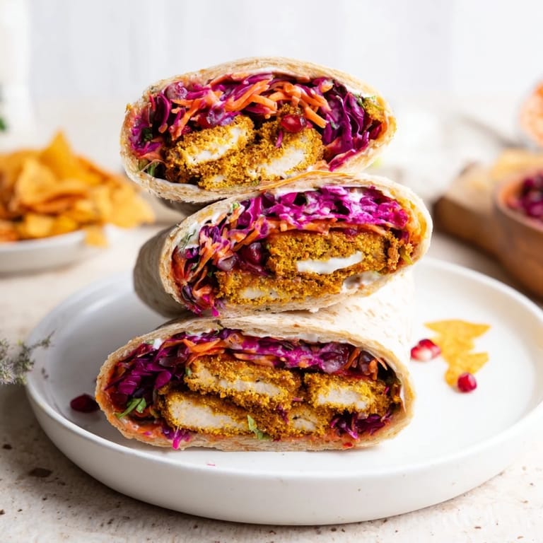 A close-up of a perfectly constructed sweet chili tofu crunch wrap, ready to slice.