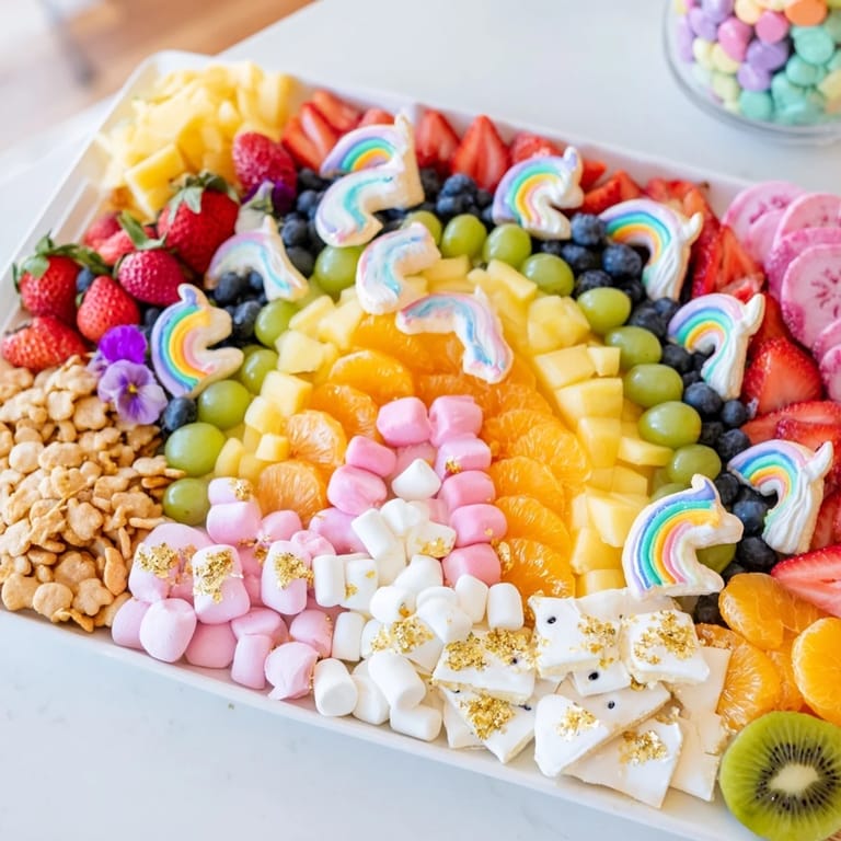 Vibrant and festive, this Magical Unicorn Rainbow Dessert Board offers a stunning array of sweet delights for everyone.