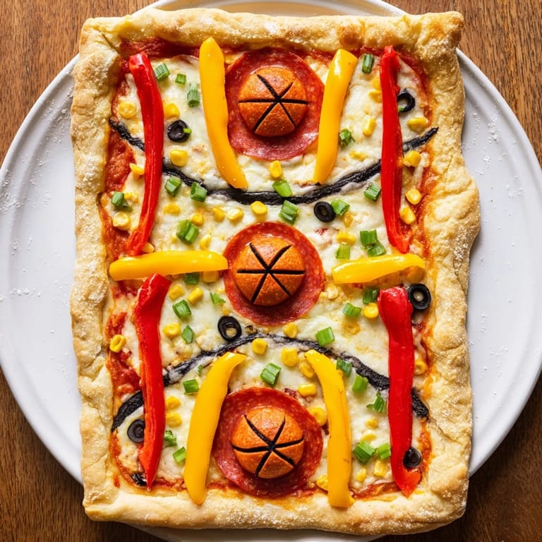 Enjoy this Basketball Court Pizza, with vibrant pepper court lines and pepperoni basketballs baked golden.