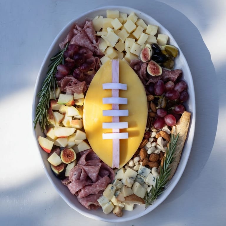 Oval Rugby Ball Cheese Board: Imagine wedges of Comté, ripe grapes, and figs paired exquisitely for a party.
