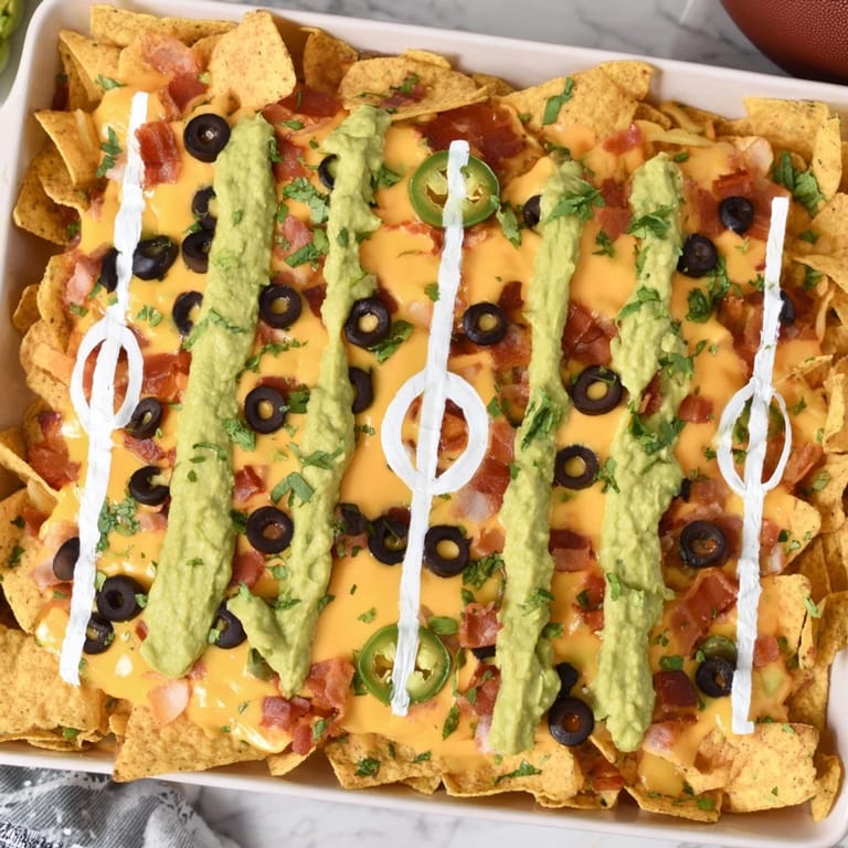 Imagine a vibrant Football Field Nacho Platter, with creamy guacamole end zones contrasting the cheesy chips.