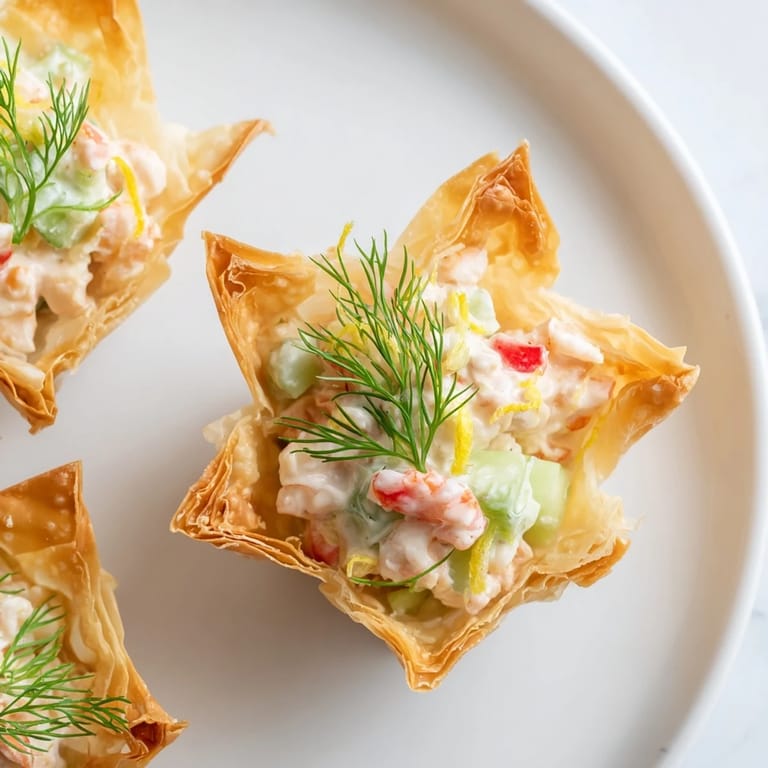 Crispy phyllo Mini Star Cocktail Cups overflowing with a fresh shrimp and vegetable filling, ready to eat.