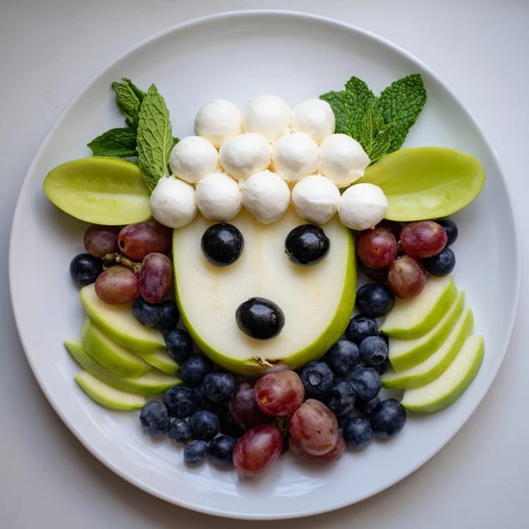 A delightful lamb face fruit and cheese platter, perfect for a party, with colorful, fresh fruit and cheese.