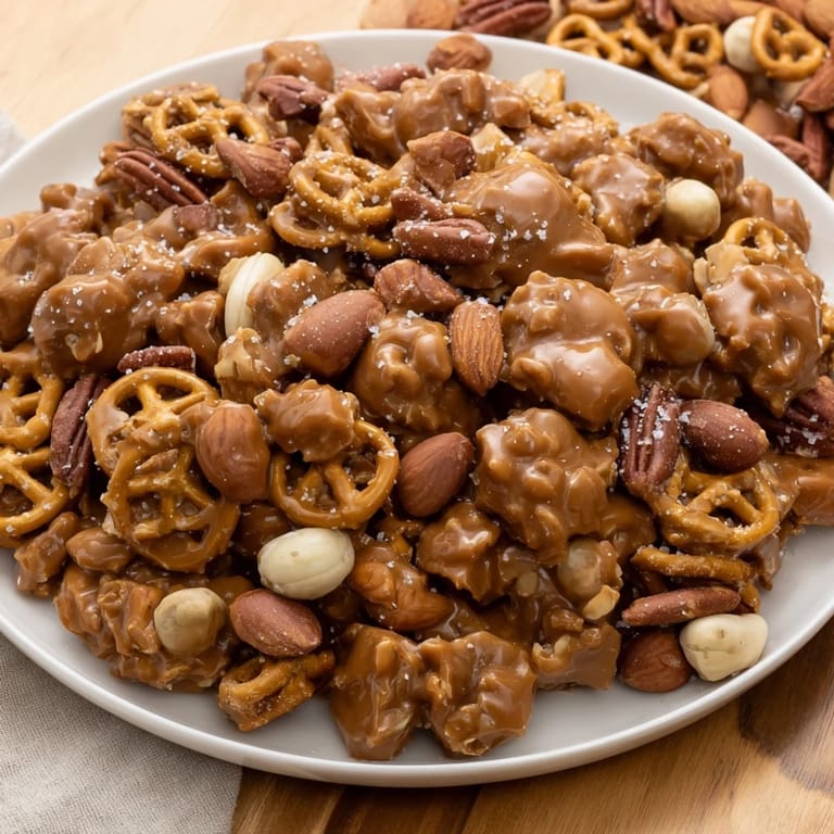 Golden-brown salted caramel pretzels and nuts: a sweet and salty snack, ready to enjoy.