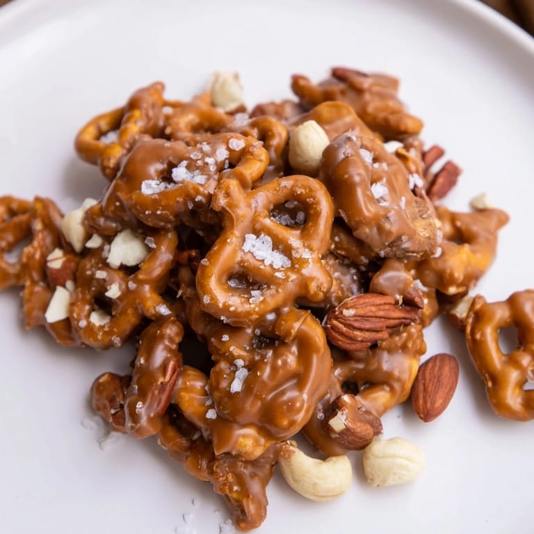 A close-up of buttery, perfectly coated salted caramel pretzels and nuts, ideal for a party.