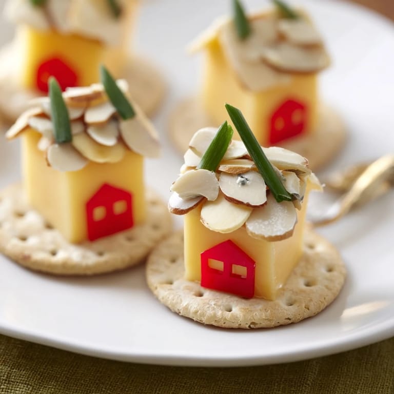 Festive crackers topped with cheese houses and almond roofs create a charming Alpine Village snack platter.