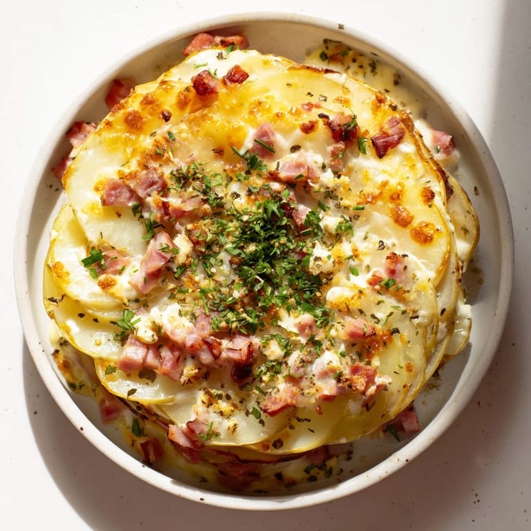 A steaming baked Plateau Moufle Chaud et Confortable showcasing layers of potatoes, ham, and cream.