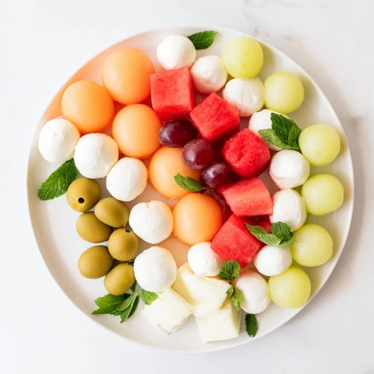 A delightful view of The Polka Dot Platter appetizer, a creative arrangement of spherical fruits and cheeses.