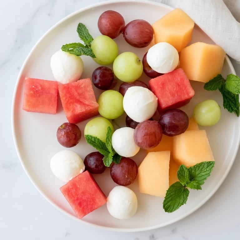 Party-ready Polka Dot Platter featuring refreshing melon, grapes, and mozzarella; garnished with mint.
