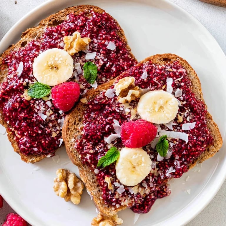 A close-up of delicious raspberry chia jam toast, showcasing the bright red jam over golden toast.