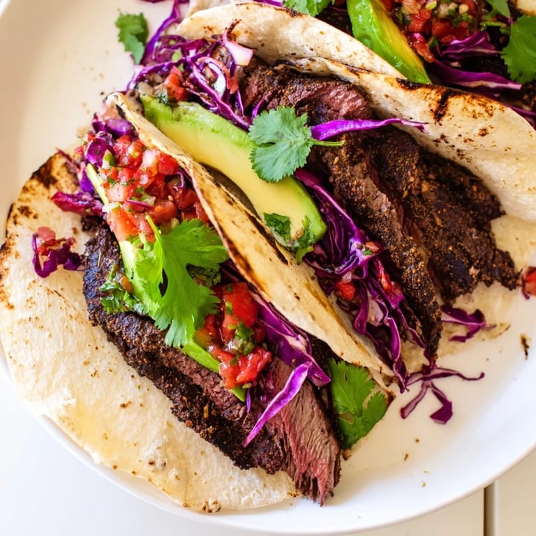 These flavorful Coffee-Rubbed Steak Tacos feature tender steak, colorful toppings, and fresh cilantro sprigs.