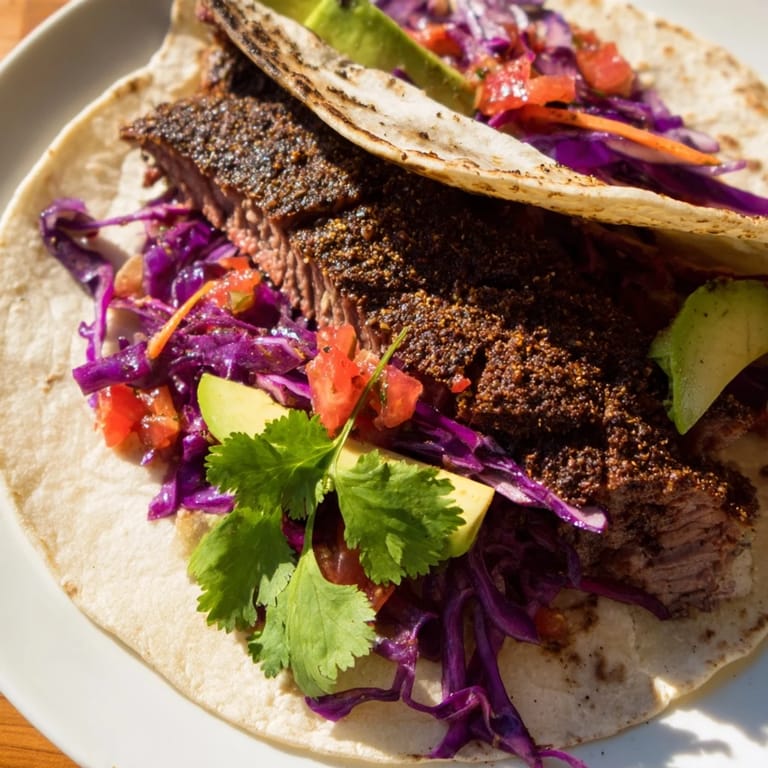 Enjoy a close-up of delicious Coffee-Rubbed Steak Tacos, piled high with fresh ingredients for a satisfying meal.