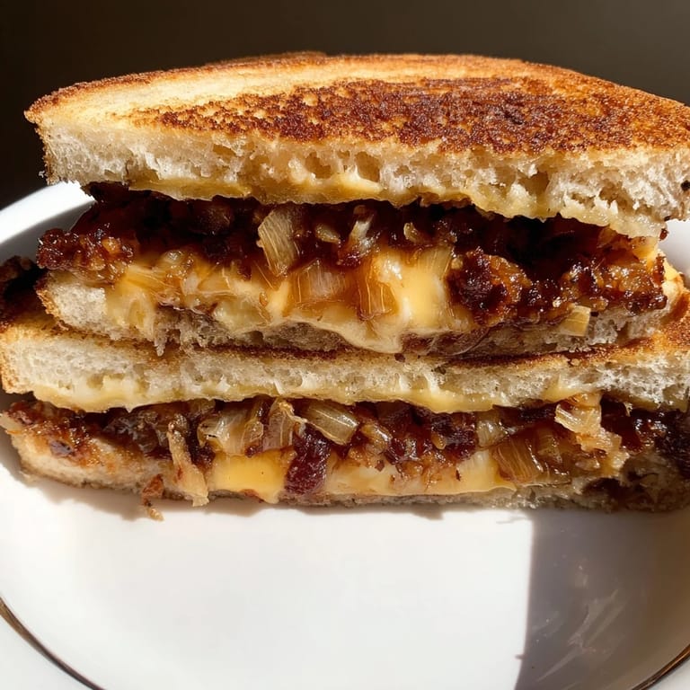 A close-up of a perfectly grilled Bacon Jam Grilled Cheese with crispy bacon peeking out.