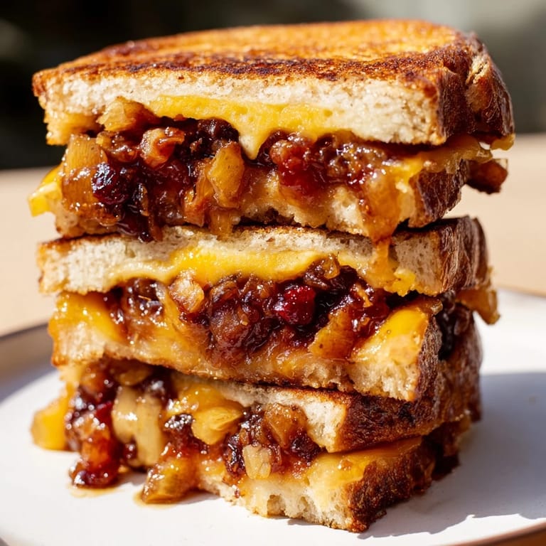 Savory Bacon Jam Grilled Cheese on a plate, ready to be sliced and enjoyed for lunch.
