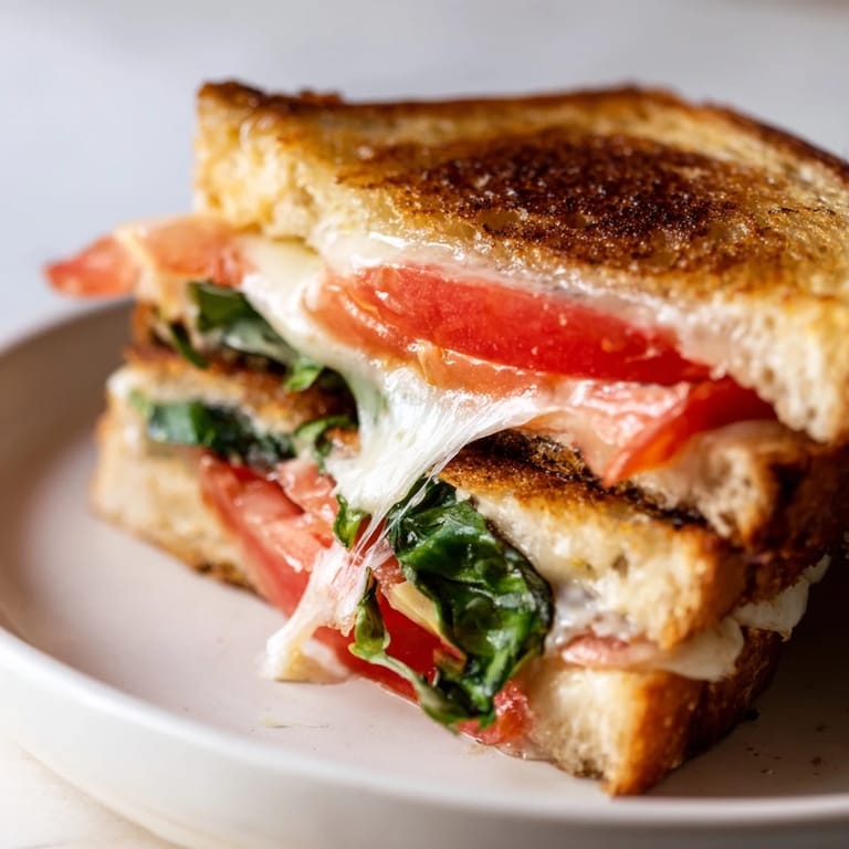Perfectly toasted tomato basil grilled cheese showcases vibrant basil and ripe tomato flavors, ready to enjoy.