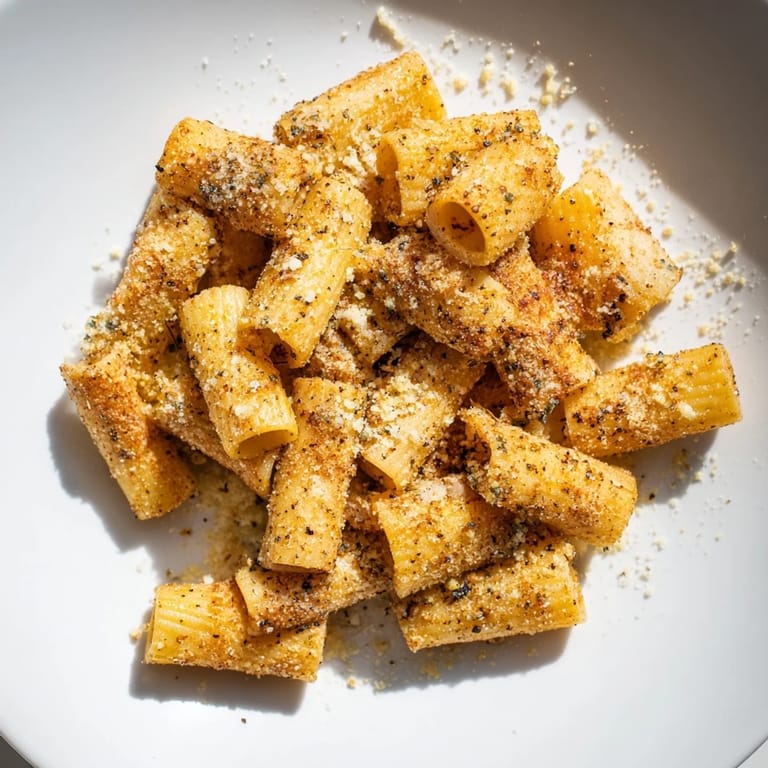 Air-fried pasta chips, a crunchy textured appetizer with herbs and Parmesan cheese, ready to enjoy.