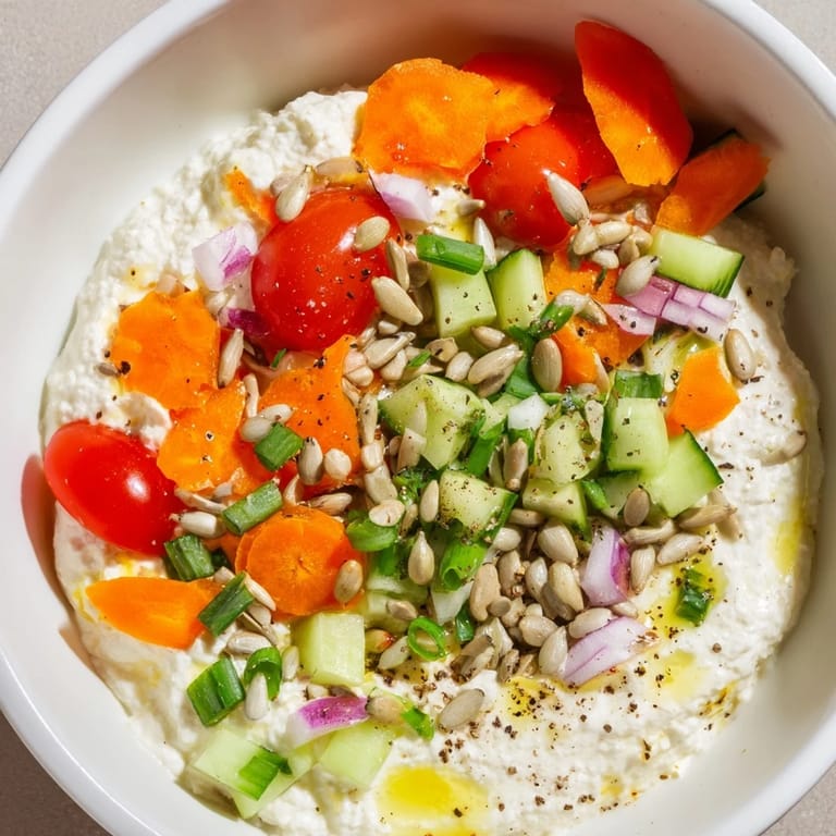 Creamy cottage cheese topped with vibrant vegetables; this simple snack is the perfect Cottage Cheese Snack Bowl.