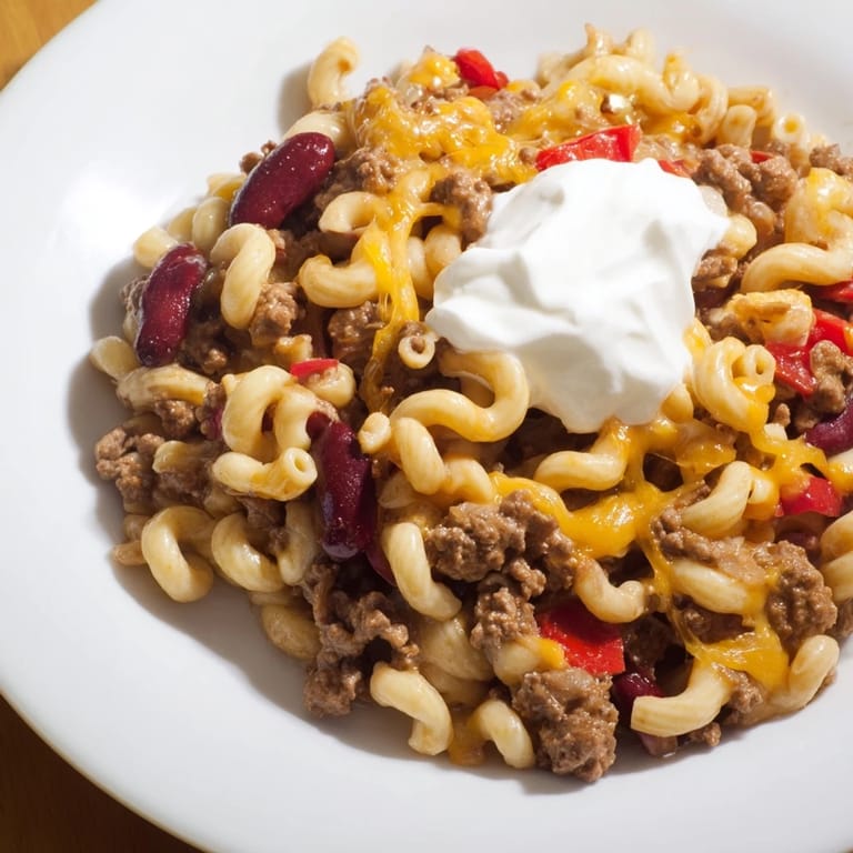 Creamy, cheesy, one-pot chili mac, a comforting American classic, served with sour cream.