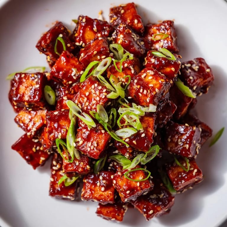 A delicious close-up of honey gochujang tofu, showing its sticky texture with sesame seeds.