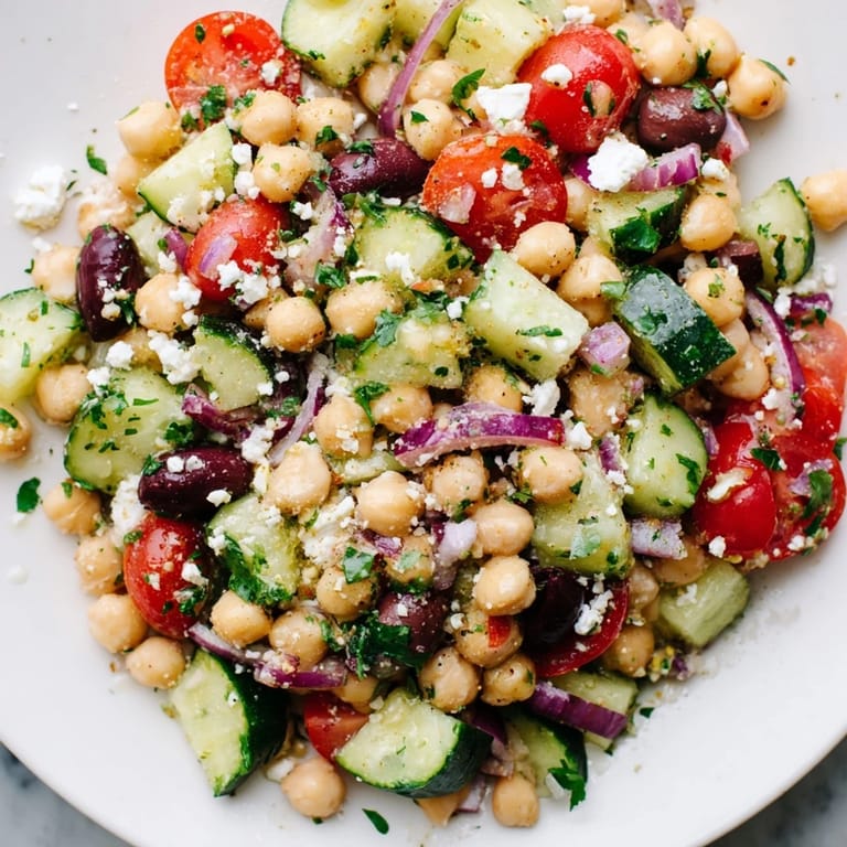 Close-up of a refreshing Mediterranean chickpea salad with feta, olives and a zesty lemon dressing.