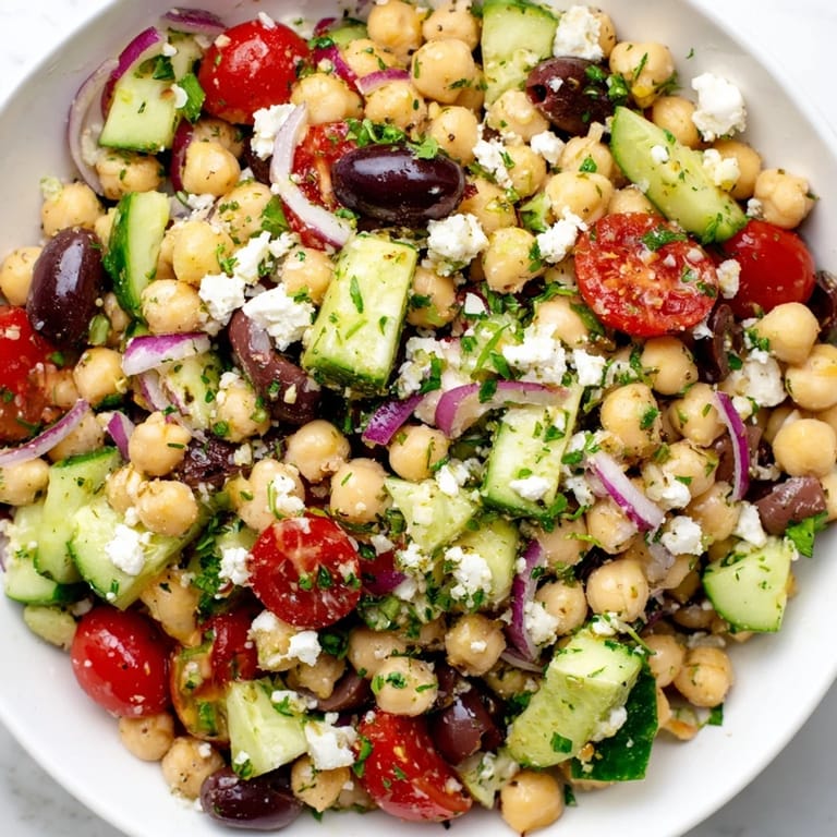 Freshly prepared Mediterranean chickpea salad, vibrant with tomatoes and parsley, ideal for a light meal.