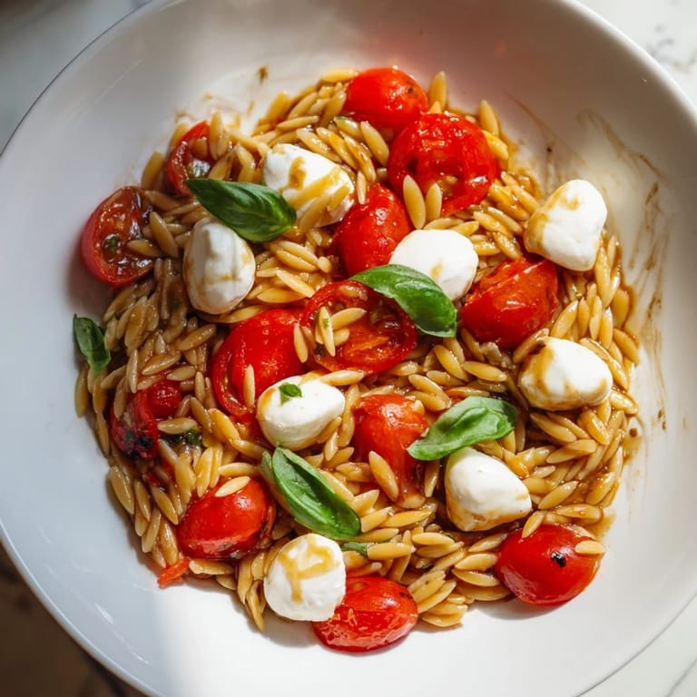 A refreshing bowl of Caprese Orzo Salad featuring colorful tomatoes, basil, and creamy mozzarella, drizzled with vinaigrette.