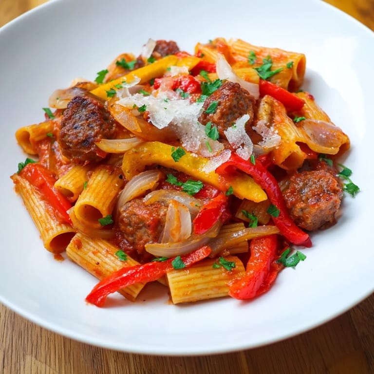Enjoy the aroma of this delicious Sausage and Peppers Pasta, perfectly plated and ready to be served.