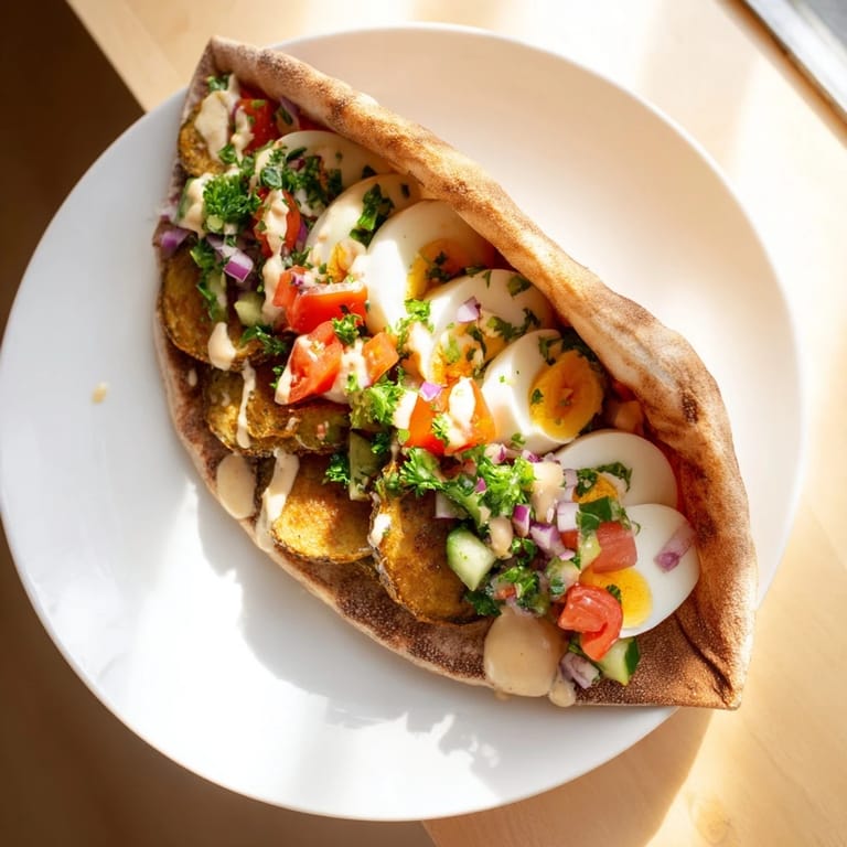 A close-up of delicious Israeli Sabich, showing the layers of fried eggplant and fresh toppings inside.