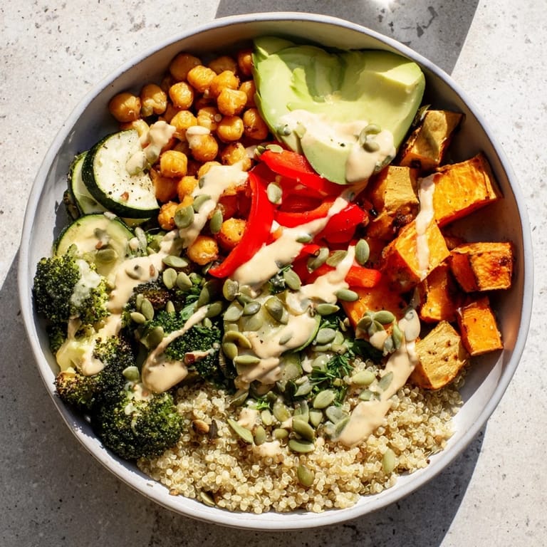 Vibrant quinoa Buddha bowl with fluffy grains, roasted vegetables, chickpeas, and pumpkin seeds, drizzled with tahini.