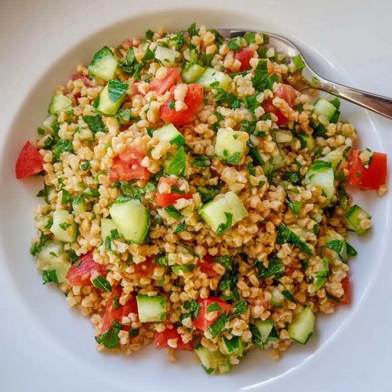 Refreshing Bulgur Wheat Salad Tabbouleh in a white bowl, garnished with mint and scallions, perfect alongside grilled meats or falafel for a summer meal.