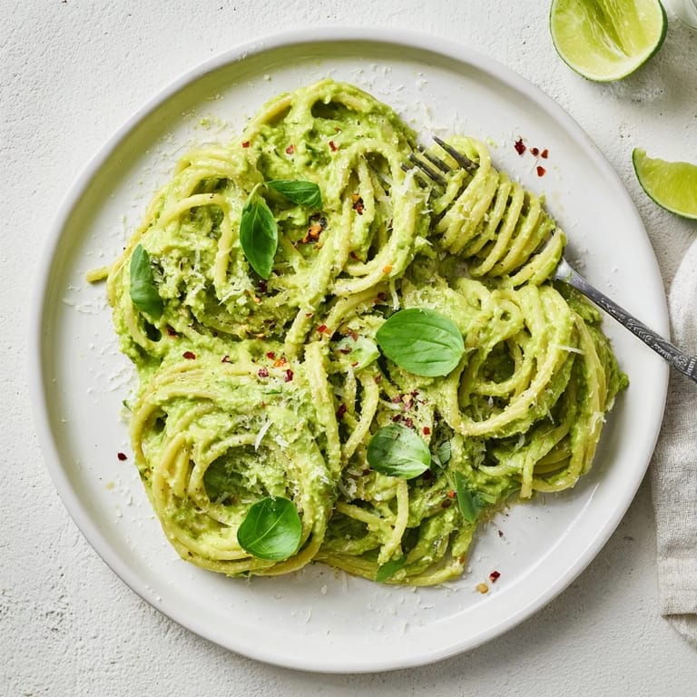 Two forks twirl Smashed Avocado Pasta in a ceramic bowl with fresh basil and chili flakes.
