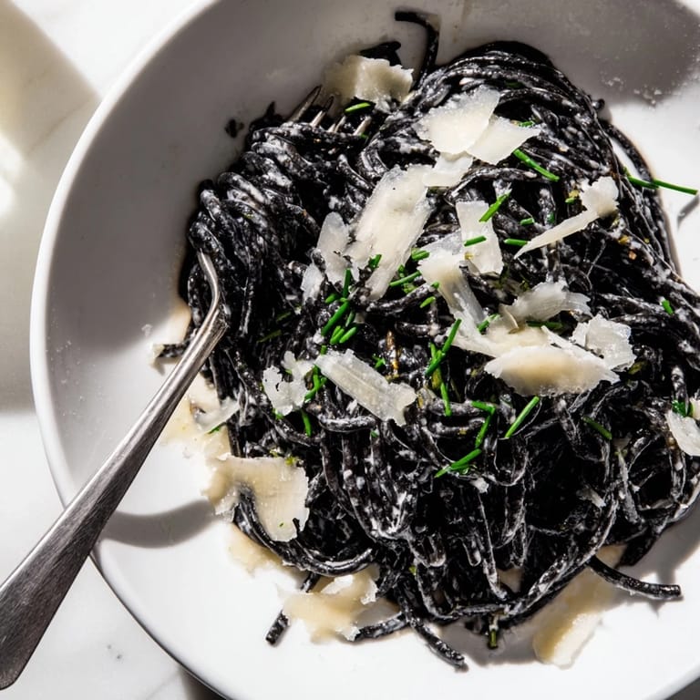 Silky cream sauce clings to dark squid ink pasta, with fresh chives and grated Parmigiano-Reggiano for a restaurant-quality dinner.