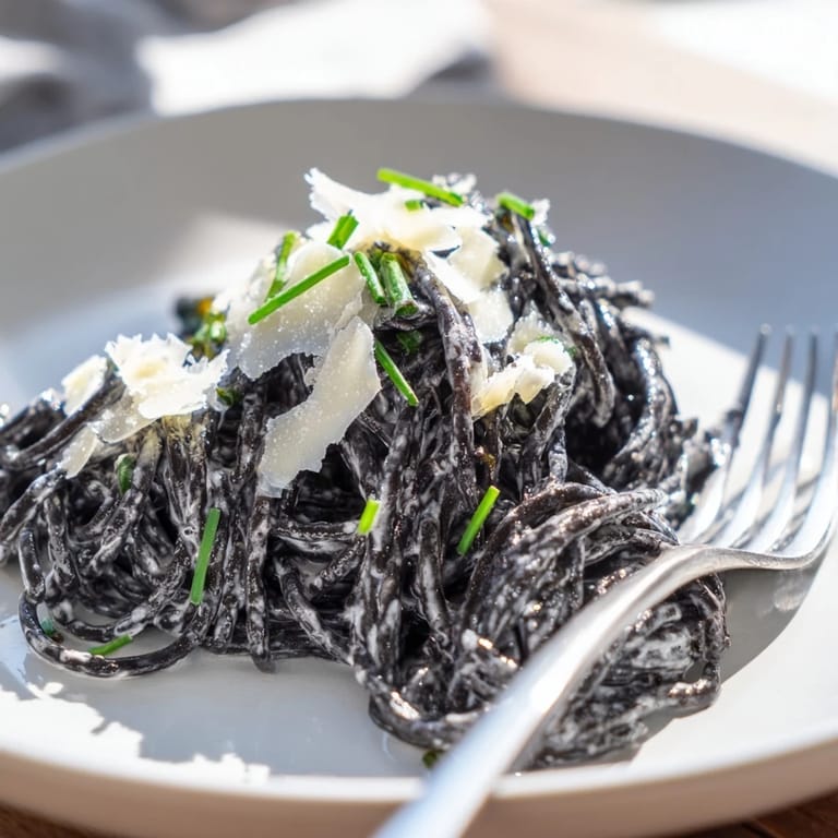 Luxurious squid ink pasta tossed in a rich white wine cream sauce, finished with lemon zest for a bright, savory bite.