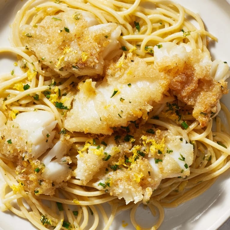 Serving of Crispy Fish Pasta with tender fish flakes and aromatic herbs, ready for a quick, easy weeknight meal.