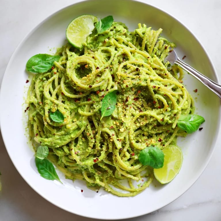 Plate of vibrant Smashed Avocado Pasta garnished with lime zest and a drizzle of olive oil.