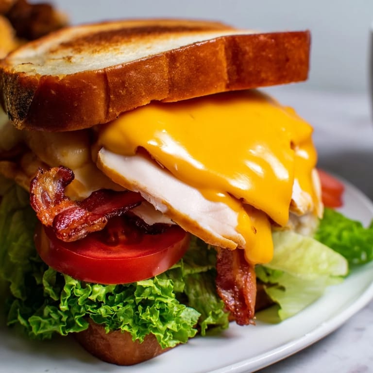 A close-up of a Turkey Club Grilled Cheese shows toasted sourdough, stacked turkey and bacon, with melted cheese oozing onto a plate.